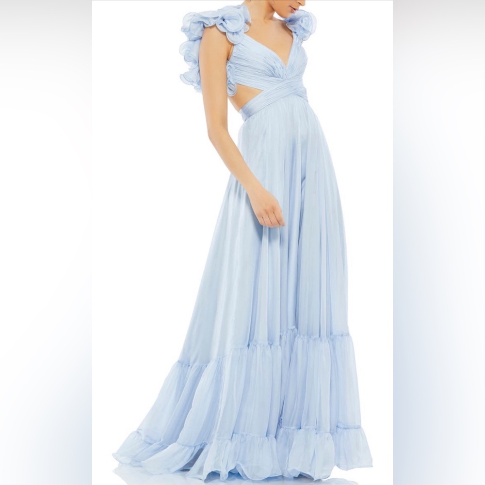 Mac Duggal Rosette Chiffon Cutout Empire Waist Gown - Powder Blue Size 4 petite